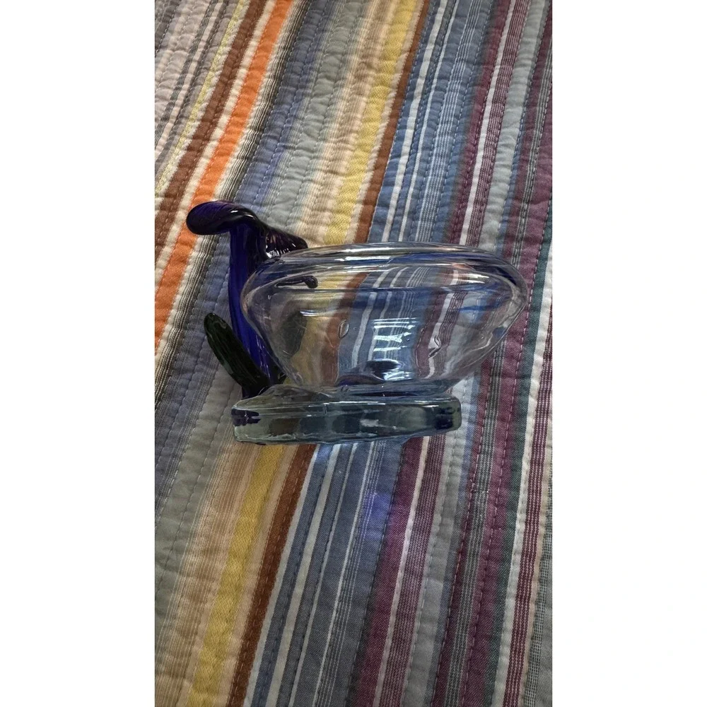 Hand Blown Glass Bowl Cobalt Blue Flower Accent Diamond Cut Base Art Glass